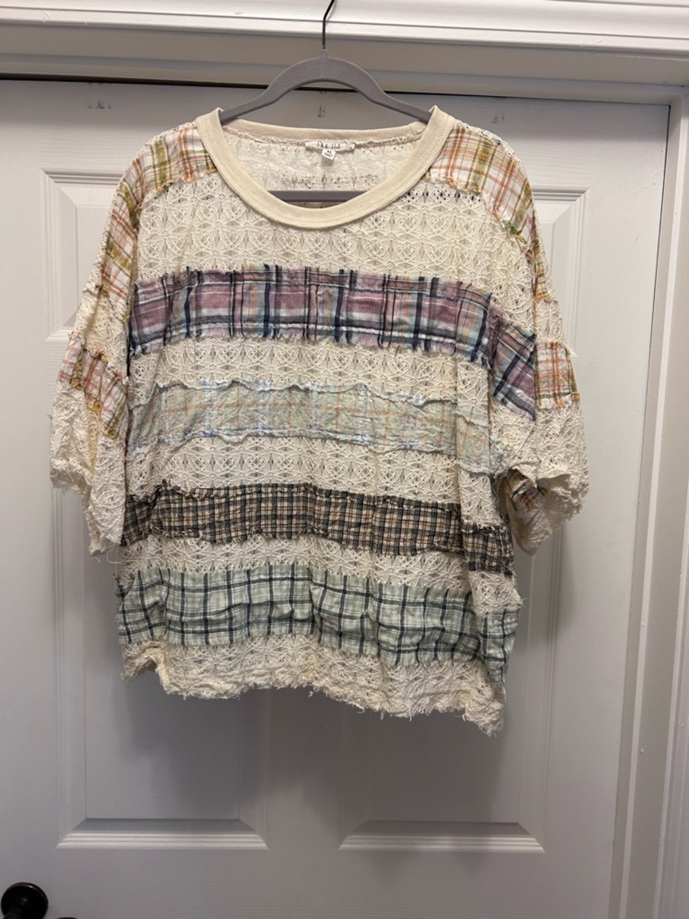 Oli & Hali Cream Crochet Patchwork Plaid Short Sleeve Top